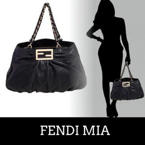 FENDI MIA AGNELLO X LARGE BLACK NAPA LEATHER CHAIN LINKS HANDLES RUCHED HANDBAG